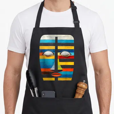 Tablier de cuisine noir avec un visage abstrait aux bandes colorées bleues, jaunes et rouges.