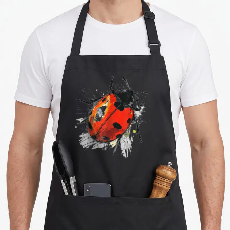 Tablier de cuisine noir avec une coccinelle motif abstrait rouge et noire peinte au pinceau.