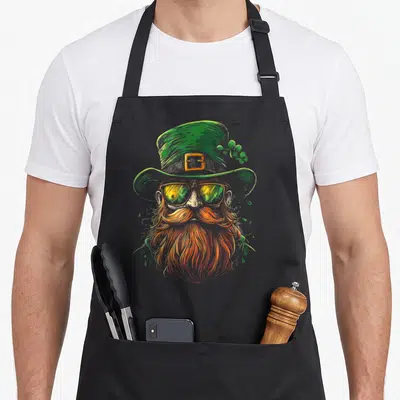 Tablier de cuisine noir avec illustration d'un leprechaun mythique au chapeau vert et lunettes de soleil.