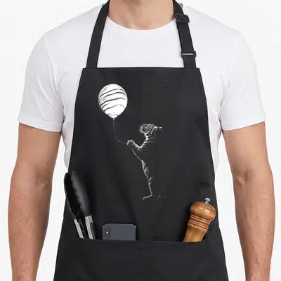 Tablier de cuisine noir avec un Tigre dessiné tenant un ballon aux rayures en style gravure.