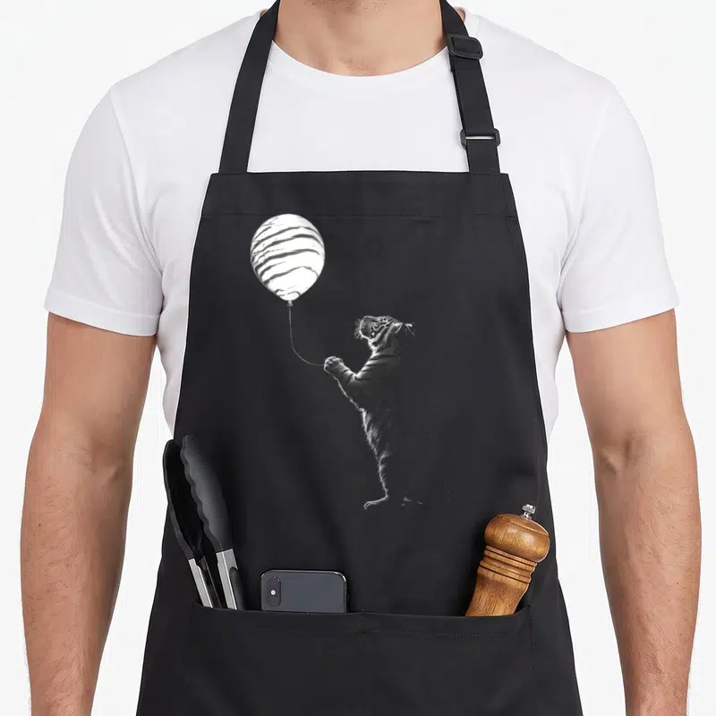 Tablier de cuisine noir avec un Tigre dessiné tenant un ballon aux rayures en style gravure.