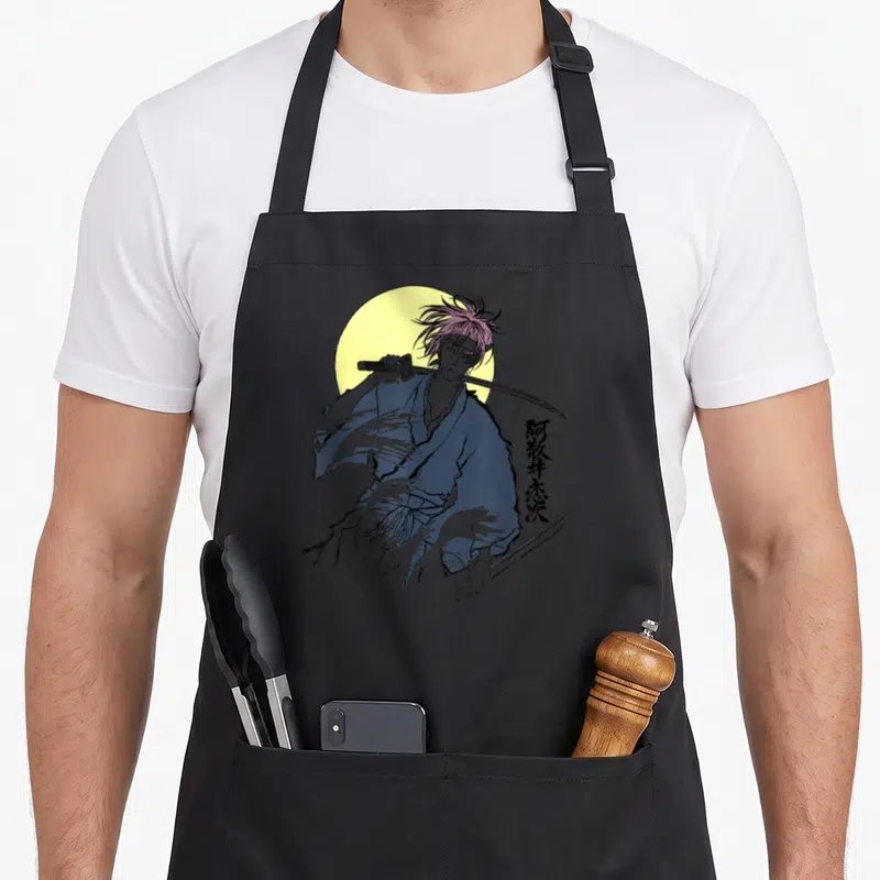 Tablier de cuisine noir avec illustration de Renji Abarai samouraï aux cheveux roses et katana sur fond de lune jaune.