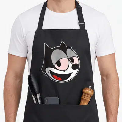 Tablier de cuisine noir avec le visage souriant de Felix le chat en dessin animé classique