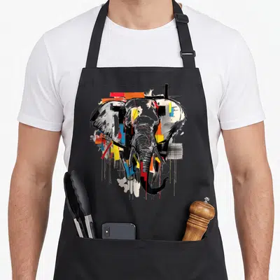 Tablier de cuisine noir avec tête d'éléphant dessin abstrait art animal graphique multicolore