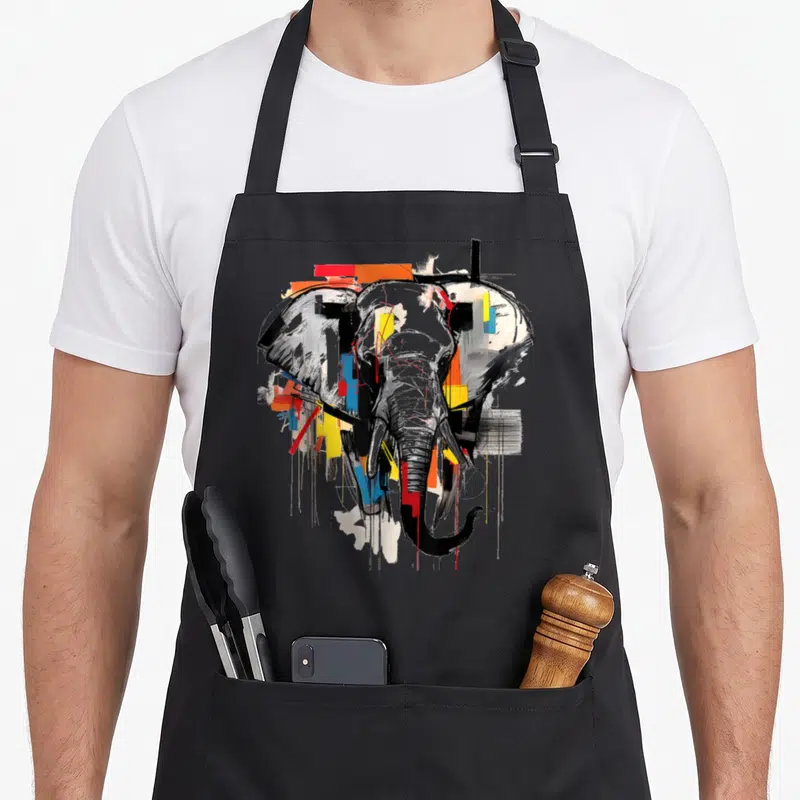 Tablier de cuisine noir avec tête d'éléphant dessin abstrait art animal graphique multicolore
