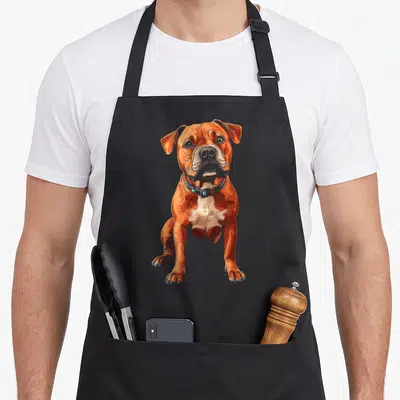 Tablier de cuisine noir avec illustration d'un Staffordshire Bull Terrier orange et collier bleu.