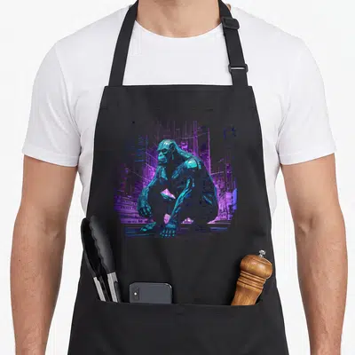 Tablier de cuisine noir avec illustration d'un gorille robotique cyan sur fond de ville futuriste.
