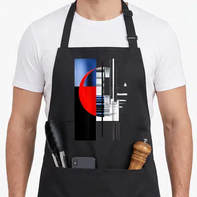 Tablier de cuisine noir avec composition abstraite de cercle rouge, rectangles bleus et lignes verticales blanches.