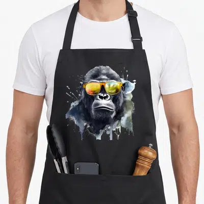Tablier de cuisine noir avec illustration d'un gorilla portant des lunettes de soleil réfléchissantes et des éclaboussures d'aquarelle.