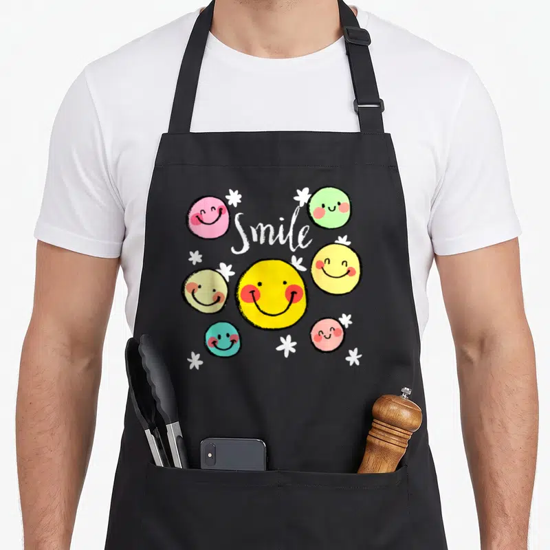 Tablier de cuisine noir avec des visages souriants colorés, des étoiles blanches et le mot Smile en écriture cursive au centre.