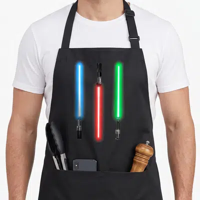 Tablier de cuisine noir avec trois sabres laser bleu, rouge et vert alignés verticalement.