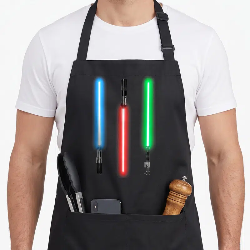 Tablier de cuisine noir avec trois sabres laser bleu, rouge et vert alignés verticalement.