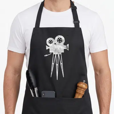 Tablier de cuisine noir avec illustration blanche d'une caméra de cinéma sur trépied et texte Vidéographe Réalisateur Caméra Vidéo Camera Cinéma Film Photo