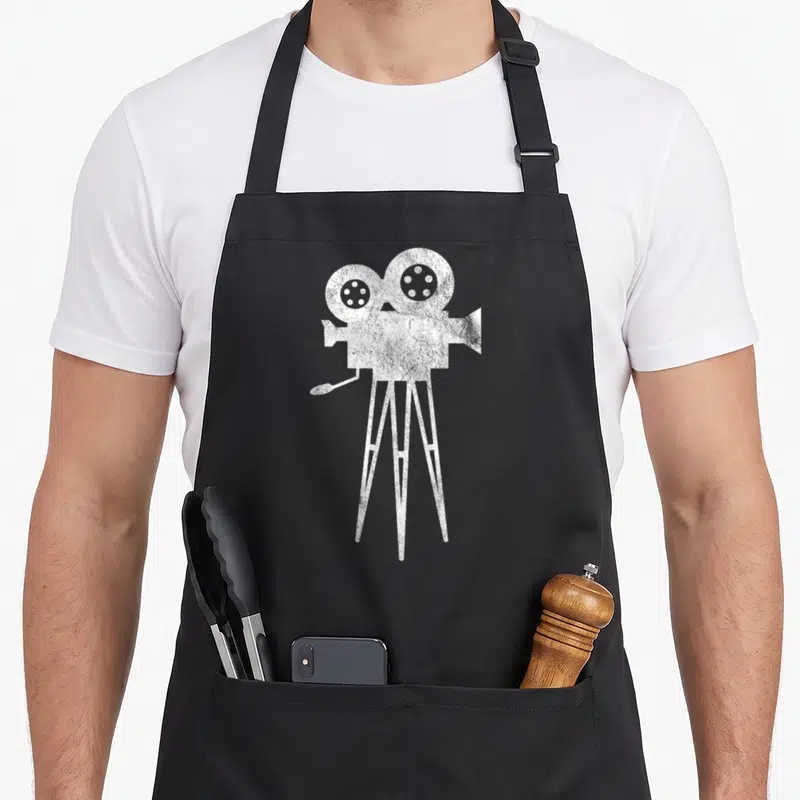 Tablier de cuisine noir avec illustration blanche d'une caméra de cinéma sur trépied et texte Vidéographe Réalisateur Caméra Vidéo Camera Cinéma Film Photo