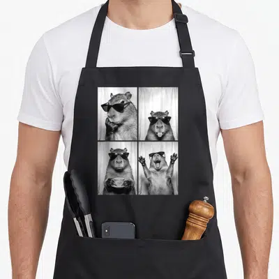 Tablier de cuisine noir avec quatre photos d'un capybara portant des lunettes de soleil dans un style photobooth.