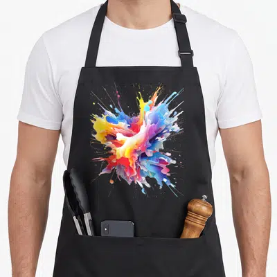 Tablier de cuisine noir avec une peinture d'art graphique abstraite aux éclats de couleur vive.