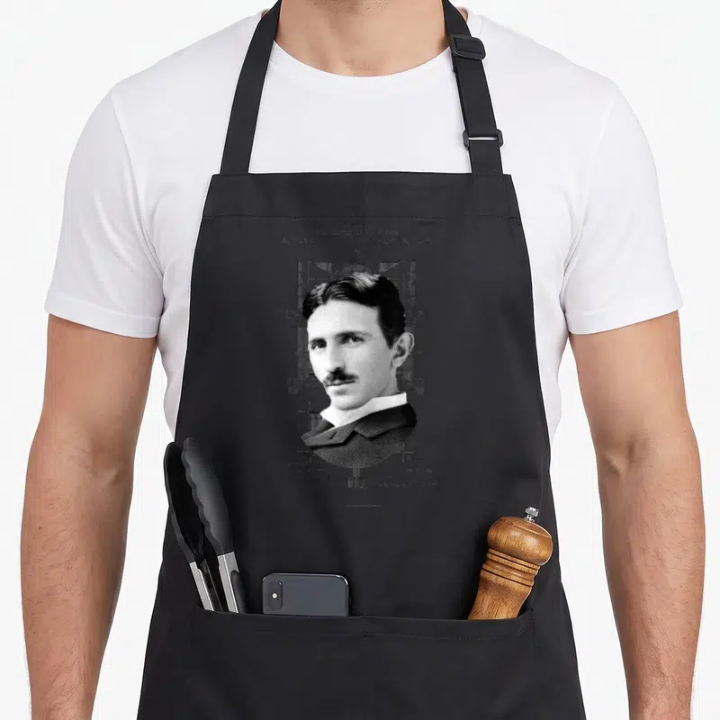 Tablier de cuisine noir avec portrait Nikola Tesla et dessin technique brevet Dynamo Electric Machine or Motor 1889