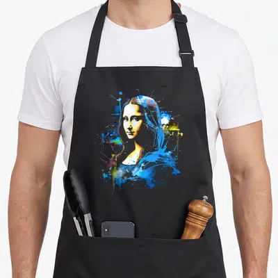 Tablier de cuisine noir avec illustration colorée de Mona Lisa en style éclaboussure de peinture bleue et jaune.
