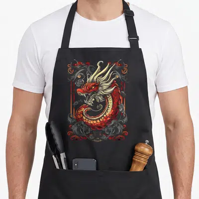 Tablier de cuisine noir avec illustration d'un dragon rouge et or entouré de nuages gris stylisés.