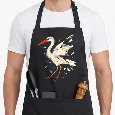 Tablier de cuisine noir avec illustration stylisée d'une cigogne aux ailes en fragments géométriques blancs et bec orange vif.