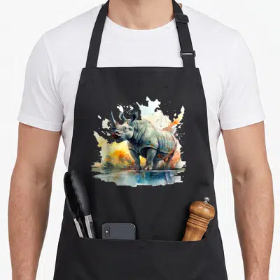 Tablier de cuisine noir avec illustration colorée d'un rhinocéros au bord de l'eau style aquarelle.
