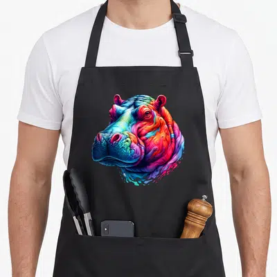 Tablier de cuisine noir avec tête d'hippopotament aux couleurs vives et lignes ondulées.