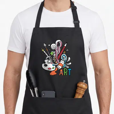Tablier de cuisine noir avec une illustration colorée de pinceaux, une palette et le mot ART en lettres stylisées.