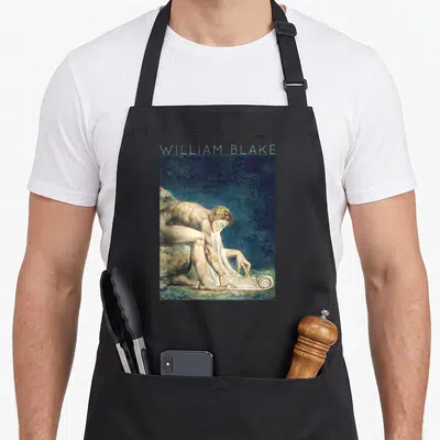 Tablier de cuisine noir avec une reproduction de l'œuvre de William Blake montrant Isaac Newton utilisant un compas sur un rouleau de parchemin.