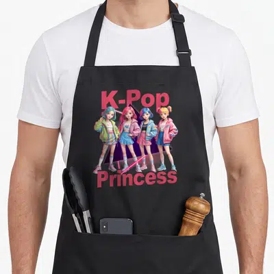 Tablier de cuisine noir avec illustration de quatre filles K-Pop Princesse aux cheveux colorés et tenues streetwear.