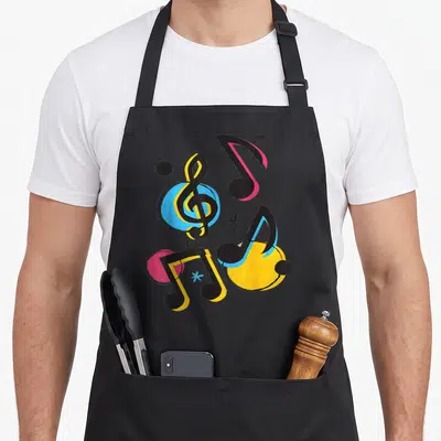 Tablier de cuisine noir avec notes de musique colorées, clé de sol et cercles bleu jaune rose.