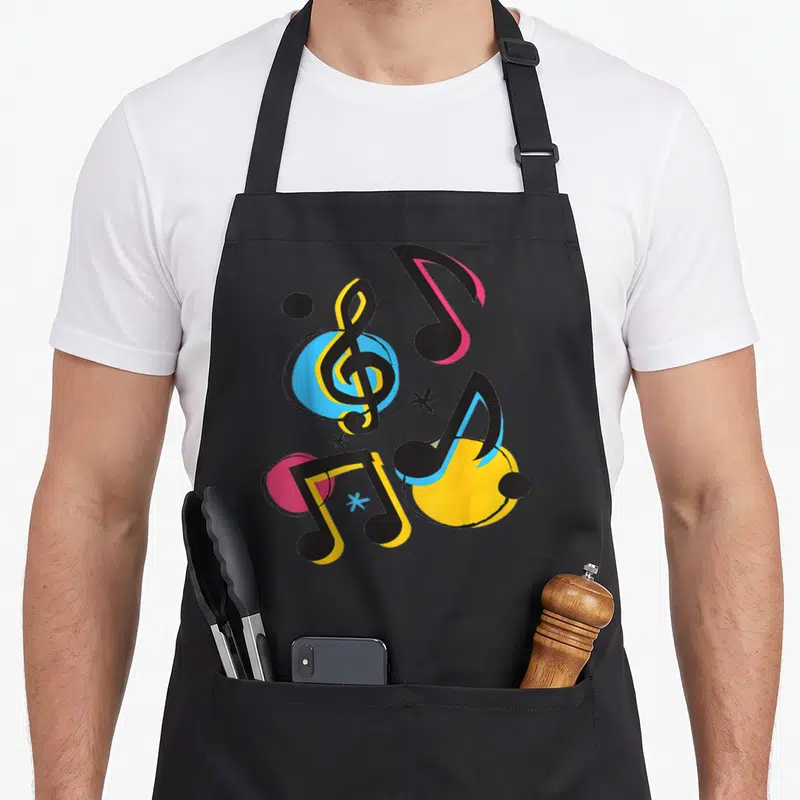Tablier de cuisine noir avec notes de musique colorées, clé de sol et cercles bleu jaune rose.