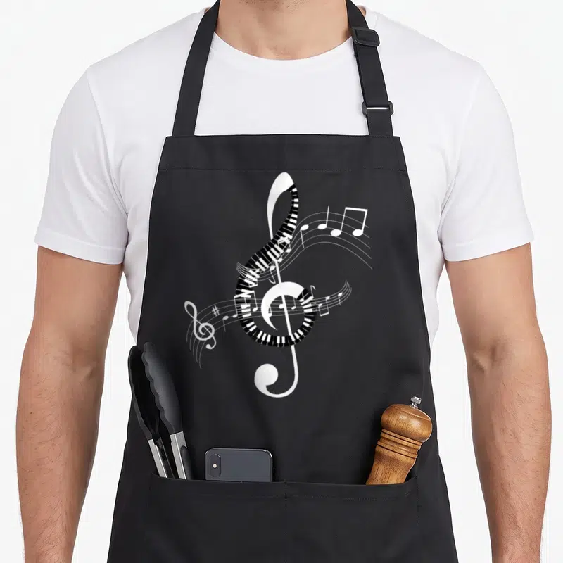 Tablier de cuisine noir avec une grande clé de sol stylisée en touches d'orgue et des notes de musique flottantes.