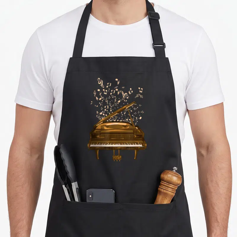 Tablier de cuisine noir avec illustration d'un piano à queue doré et notes de musique flottantes au-dessus.