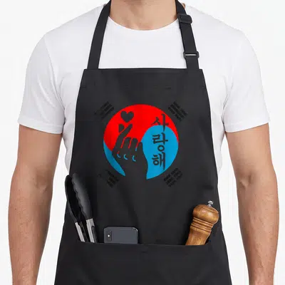Tablier de cuisine noir avec main faisant un signe cœur sur fond rouge et bleu, symboles coréens et texte en gris.