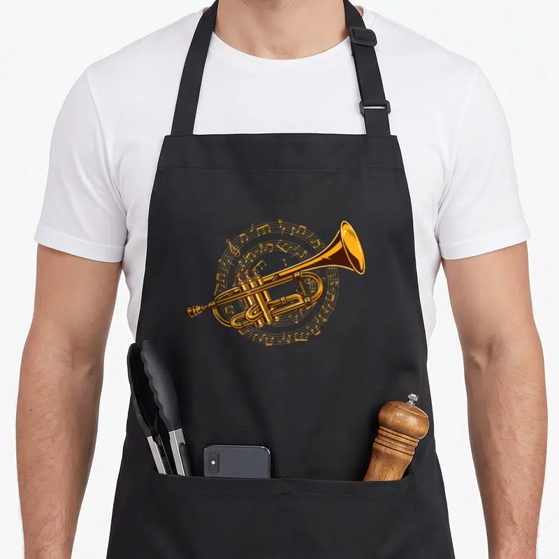 Tablier de cuisine noir avec une trompette dorée entourée de notes de musique en partition circulaire.