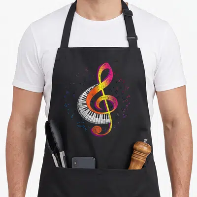 Tablier de cuisine noir avec une grande clé de sol multicolore formée par des touches de piano et des notes de musique dispersées.