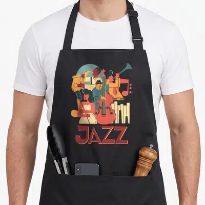 Tablier de cuisine noir avec illustration d'orchestre de jazz et le mot JAZZ en rouge