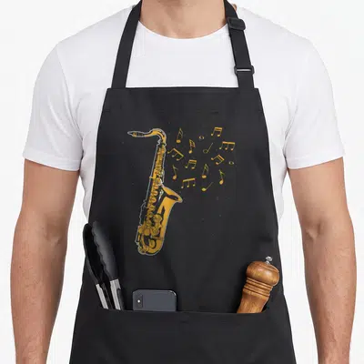 Tablier de cuisine noir avec illustration d'un saxophone jaune et de notes de musique flottantes.