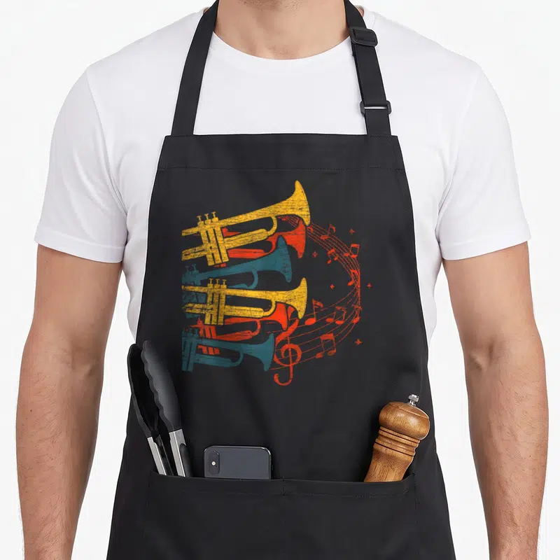 Tablier de cuisine noir avec illustration vintage de trois trompettes superposées et des notes de musique s'élevant en courbe rouge.