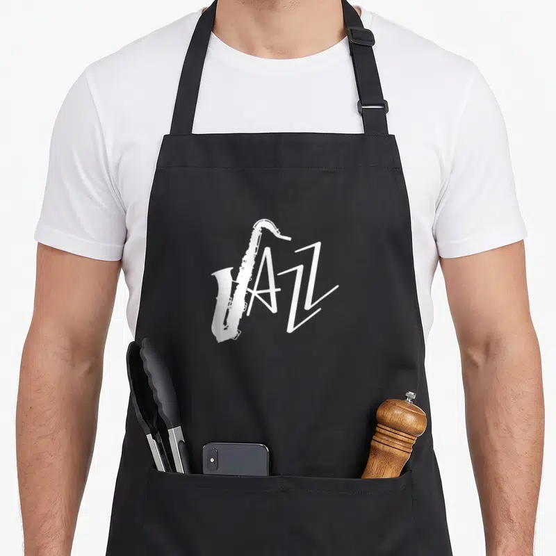 Tablier de cuisine noir avec un saxophone blanc stylisé et le mot JAZZ écrit en lettres anguleuses.