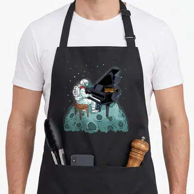 Tablier de cuisine noir avec illustration d'un astronaute assis à un grand piano sur une surface lunaire étoilée.