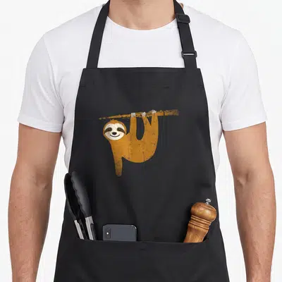 Tablier de cuisine noir avec un sloth orange suspendu à une clarinette en bois, style illustration douce et texturée.