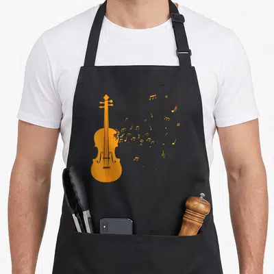 Tablier de cuisine noir avec illustration orange d'un violon et notes musicales s'échappant des cordes vers la droite.