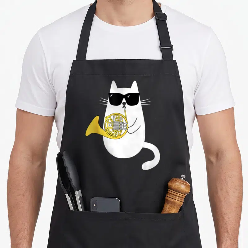 Tablier de cuisine noir avec illustration d'un chat blanc portant des lunettes noires et tenant un cor d'harmonie jaune.