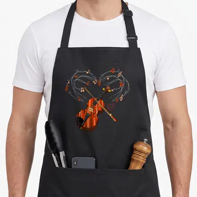 Tablier de cuisine noir avec violon orange, archet croisé, notes de musique en forme de cœur et petit dessin rose à côté.