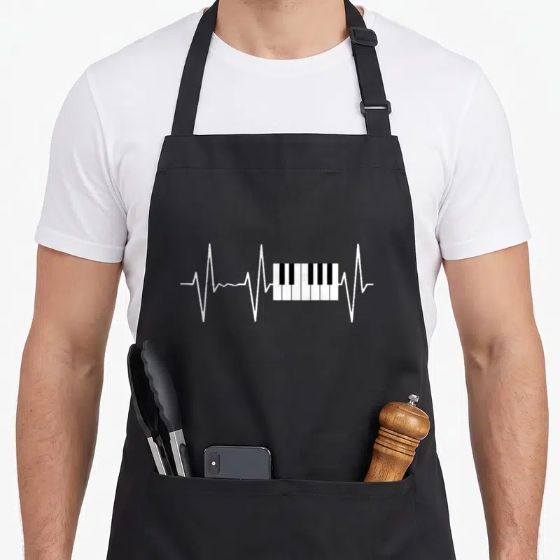 Tablier de cuisine noir avec motif clavier piano et ligne de pulse cardiaque blanche stylisée.