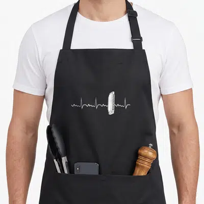 Tablier de cuisine noir avec illustration blanche d'un harmonica traversant une ligne d'activité cardiaque.