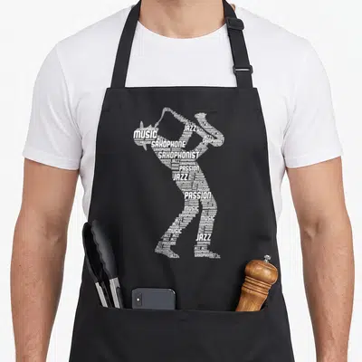 Tablier de cuisine noir avec silhouette de saxophoniste constituée de mots blancs jazz et musique.