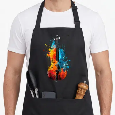 Tablier de cuisine noir avec illustration de violoncelle aux couleurs vives et éclats de peinture abstraits.