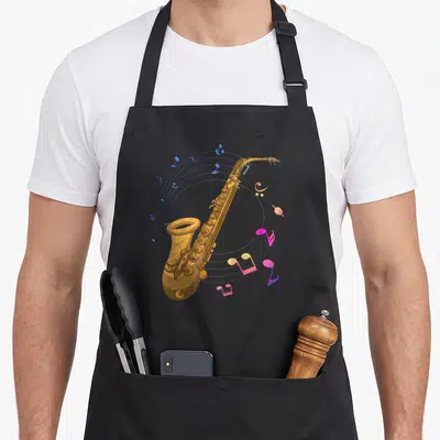 Tablier de cuisine noir avec illustration de saxophone doré et notes de musique colorées en spirale autour de l'instrument.